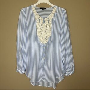 Cottagecore Tunic Top Blue White Crochet Lace Old Money Suzanne Betro Women L